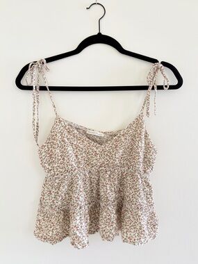 Floral Tie-Shoulder Peplum Cami Top - Green/Brown
